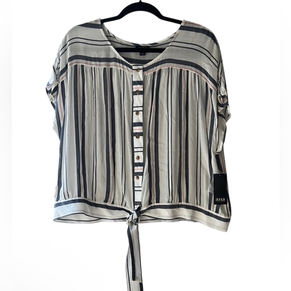 a.n.a Blue & White Cap Sleeve Tie Front Striped Blouse Size XXL NWT